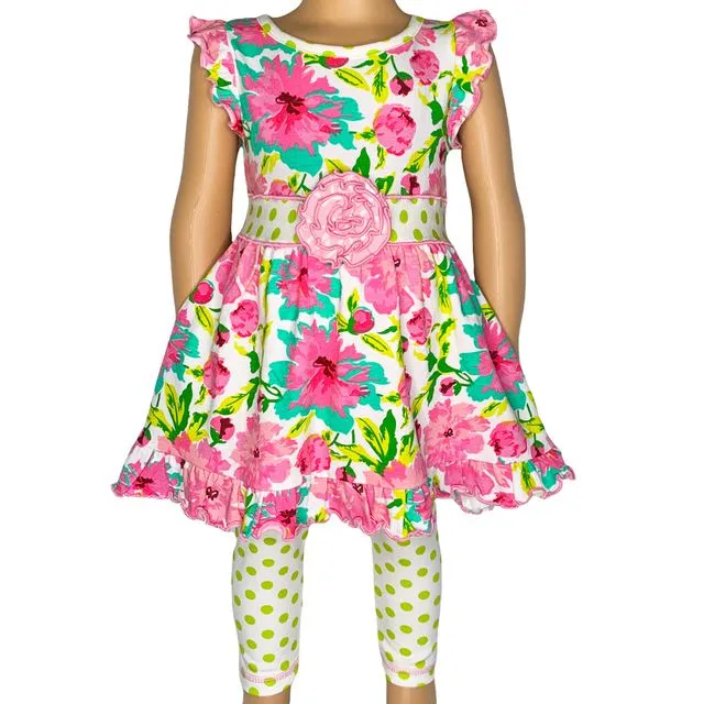 AnnLoren Little & Big Girls Spring Floral Dress Polka Dot Capri Leggings - ODESSA-SS-289CS