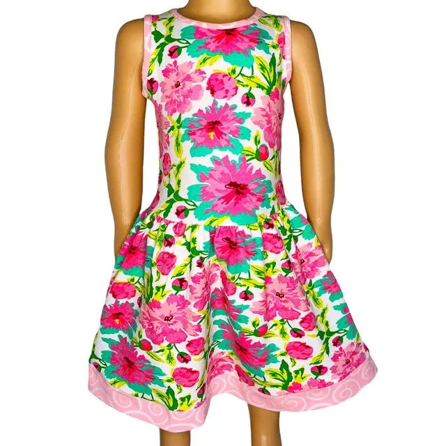 AnnLoren Little & Big Girls Spring Summer Floral Sleeveless Boutique Cotton Knit Dress - OLIVIA-DR-G