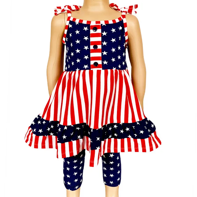 AnnLoren Girls 4th Of July Stars & Striped Dress & Capri Leggings Outfit - PATI-SS-289SP