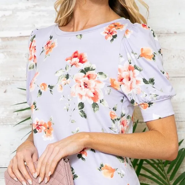 Floral Pleated Sleeve Top - Lilac