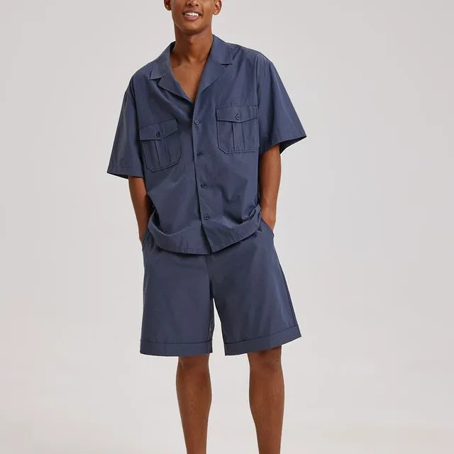 Pocket Loose Shirt Set-Navy Blue