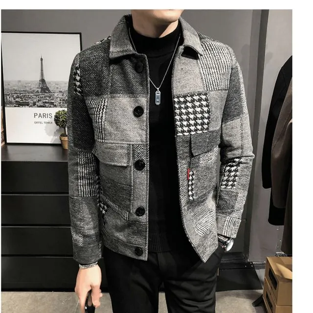 Men's Casual Lapel Plaid Woolen Jacket GREY