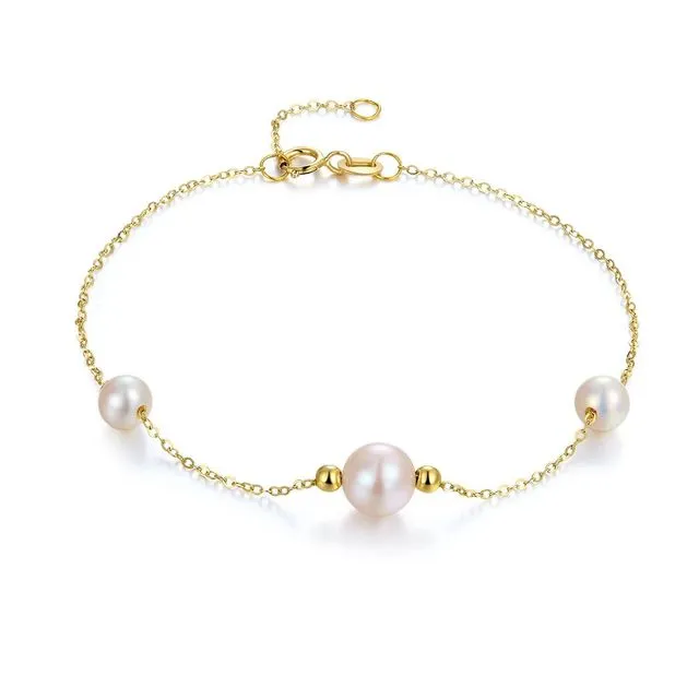 Real Solid 18K/ 750 Yellow Gold Pearl Bracelet Yellow Gold