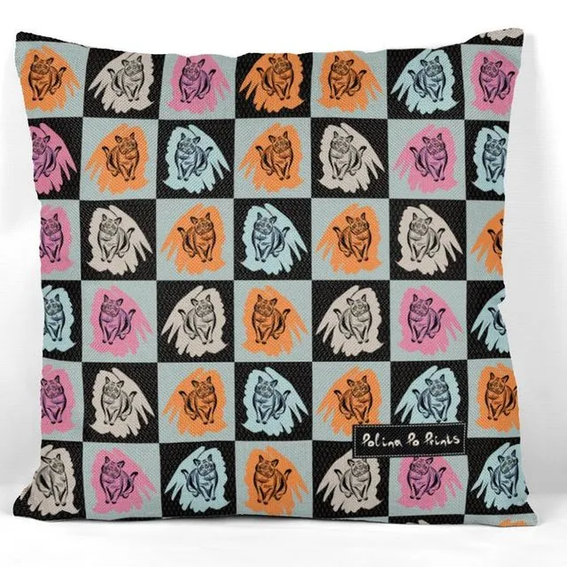 Cat cushion cover, Kitten decor, Pop art print, Checkered pillowcase.