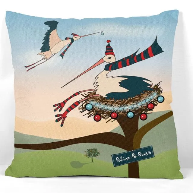 Pillow cover with stork. Christmas scene