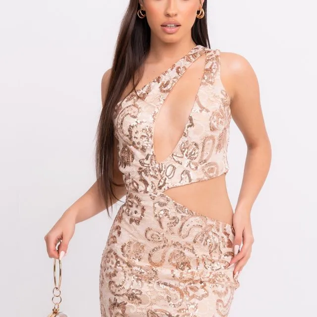Xoxo Rose Gold Criss Cross Floral Lace Sequin Embellished Cut Out Mini Dress
