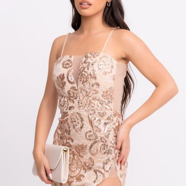 Cupid Rose Gold Luxe Floral Sequin Lace Plunge Bodycon Mini Asymmetric Curve Slit Dress