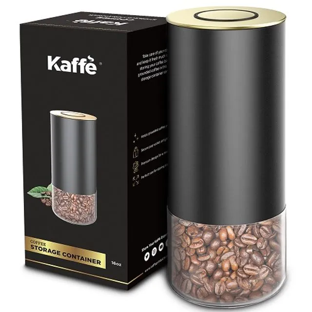 KF3032G Airtight Coffee Storage Container - Round - Black/Gold - 16oz