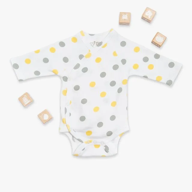 Kimono Bodysuit / Yellow & Gray Polka dots