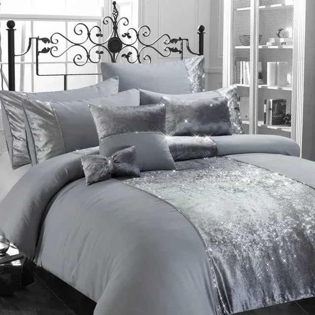8 Piece Ensemble Ombre Velvet Embellished Grey Silver Sparkle Bedding Set