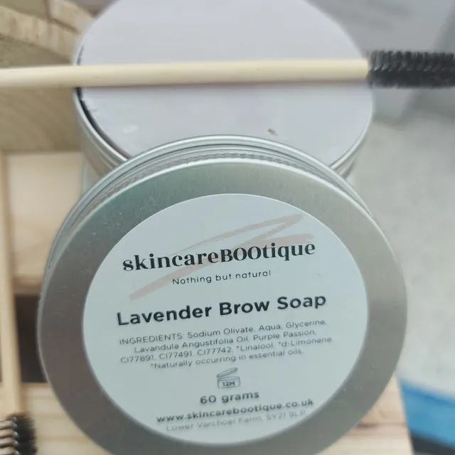 Lavender Brow soap in a cosmetic approved tin complete with bamboo spoolie