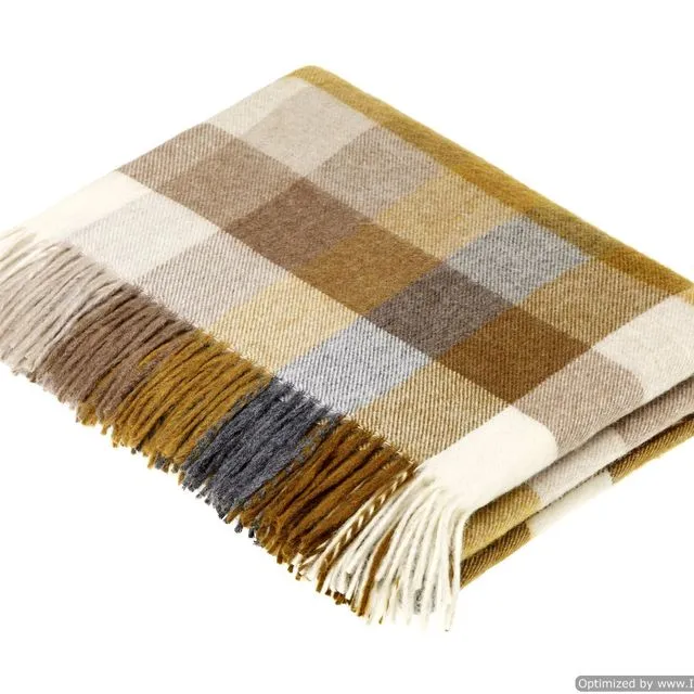 Merino Lambswool Throw Blanket - Harlequin - Gold / Gray - Made in England