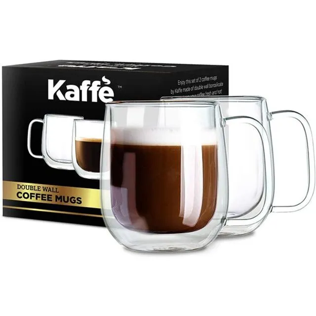 Kaffe 10oz Glass Coffee Mugs. Double-Wall Borosilicate Glass Coffee Cups. Perfect insulation for Latte, Cappuccino, Tea. Set of 2 (Two)
