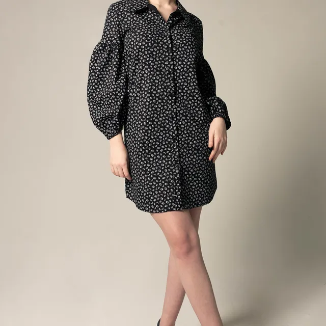 Italian Cotton Shirt Dress with Oversized Sleeves in Black Floral