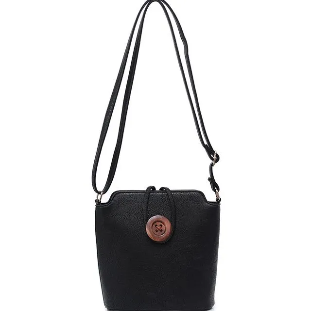 Ladies Cross Body Bag with Wood Button Well-organized Shoulder handbag Long Strap - z-1971M black