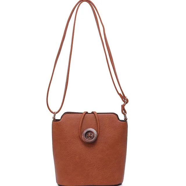 Ladies Cross Body Bag with Wood Button Well-organized Shoulder handbag Long Strap - z-1971M brown