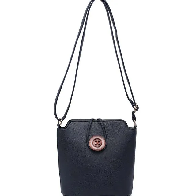 Ladies Cross Body Bag with Wood Button Well-organized Shoulder handbag Long Strap - z-1971M dark blue