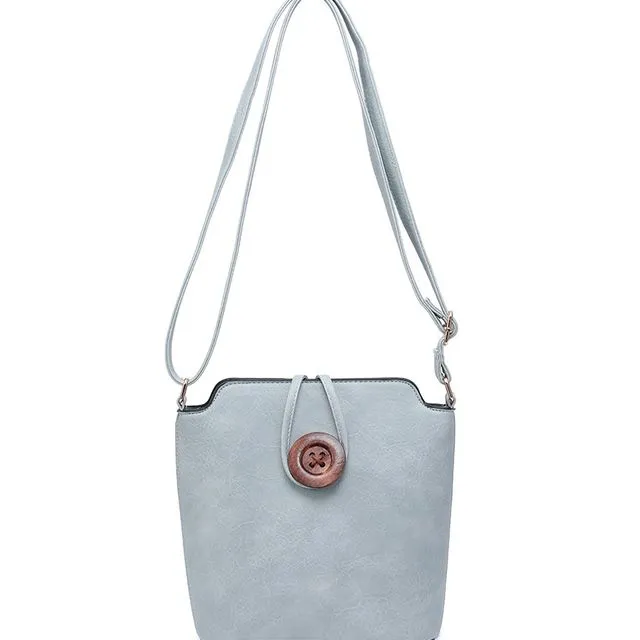 Ladies Cross Body Bag with Wood Button Well-organized Shoulder handbag Long Strap - z-1971M Light blue