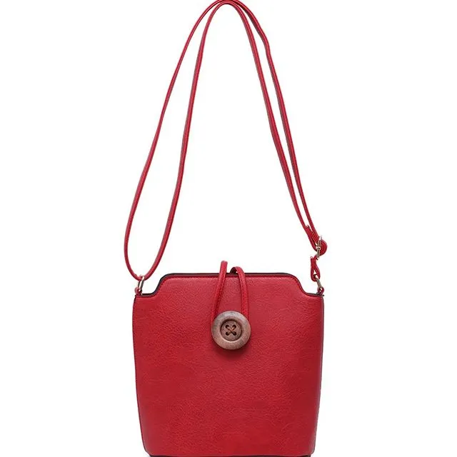Ladies Cross Body Bag with Wood Button Well-organized Shoulder handbag Long Strap - z-1971M red