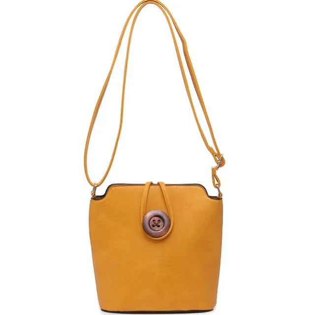 Ladies Cross Body Bag with Wood Button Well-organized Shoulder handbag Long Strap - z-1971M yellow