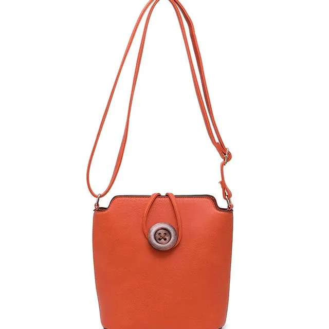 Ladies Cross Body Bag with Wood Button Well-organized Shoulder handbag Long Strap - z-1971M orange