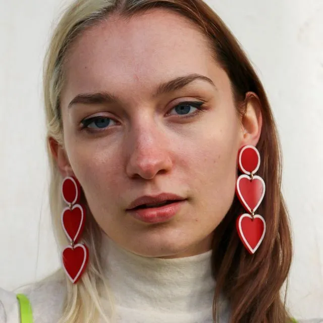 Red and white heart drop earrings