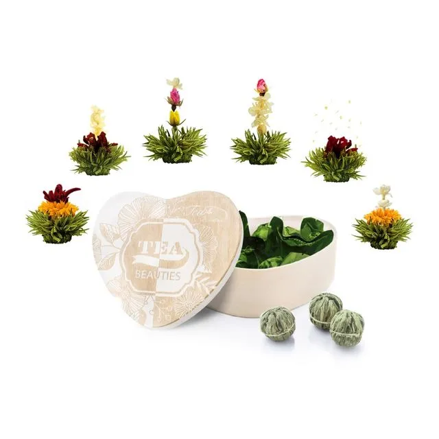 6er AbloomTea in heart-shaped wooden box "Green Tea"