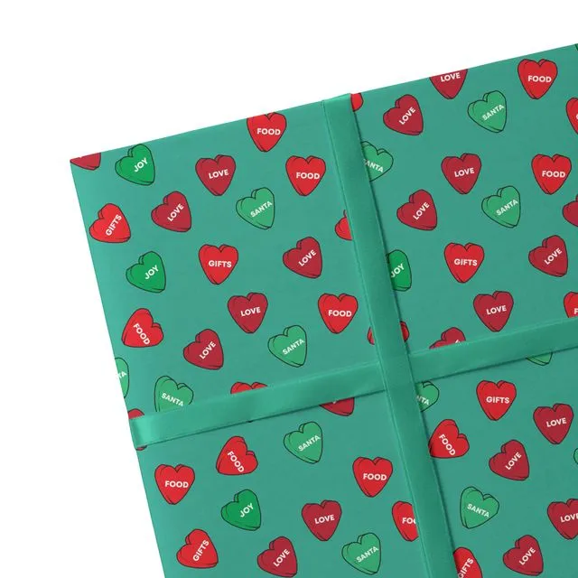 2 Sheets Christmas Hearts Wrapping Paper Green Sustainable