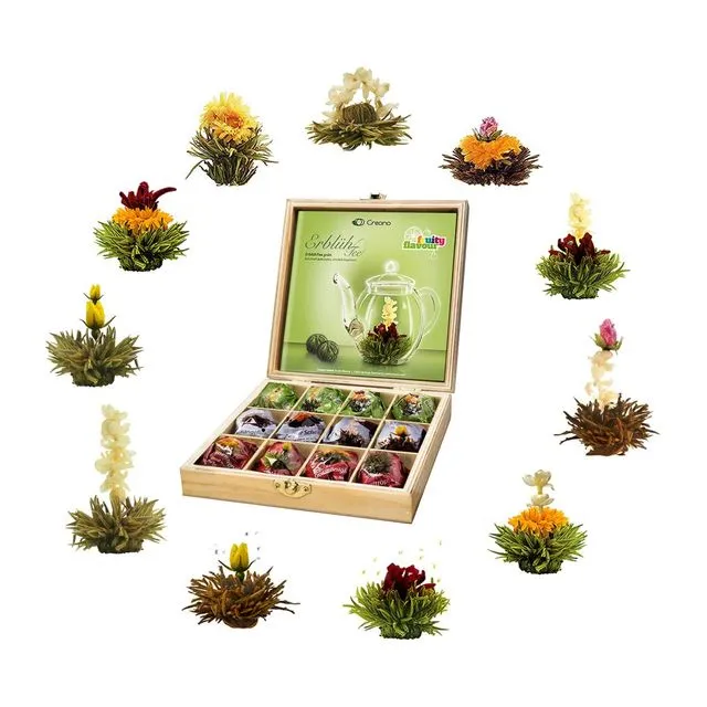 Creano tea flowers gift set in a wooden tea box 12 blossom teas in 11 varieties white tea, green tea, black tea, tea roses