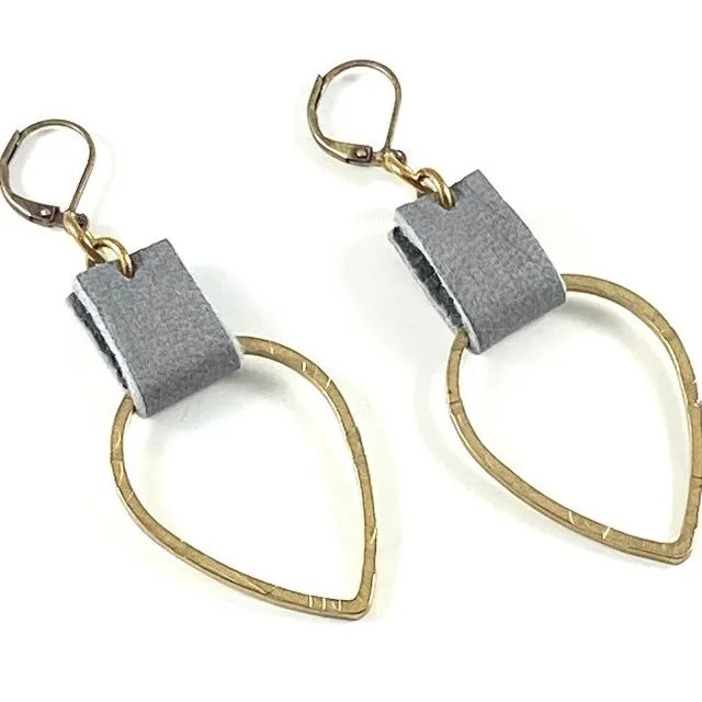 Leather & Brass Teardrop Earrings - Grey