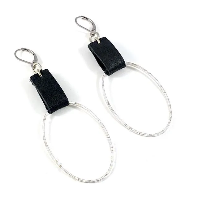 Leather & Silver Oval Earrings - Black