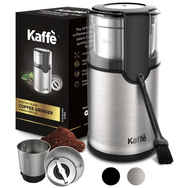Kaffe Electric Coffee Grinder with Removable Cup. Perfect Grinder for Coffee, Tea, Spices, Corn. 4.5oz (14-Cup) Cleaning Brush Included. (Stainless Steel)