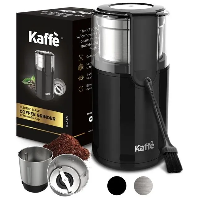 Kaffe Electric Coffee Grinder with Removable Cup. Perfect Grinder for Coffee, Tea, Spices, Corn. 4.5oz (14-Cup) Cleaning Brush Included. (Black)