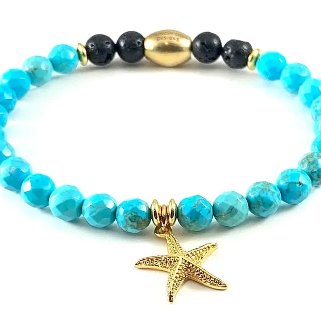 Nautical Gold Charm Diffuser Stretch Bracelet - 6mm (Faceted Blue Howlite With Starfish)