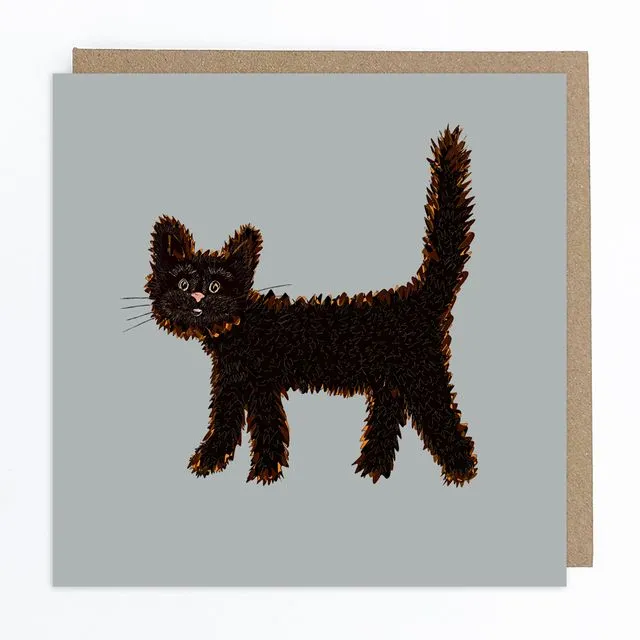 Fuzz the Black Cat Greeting Card (Grey)
