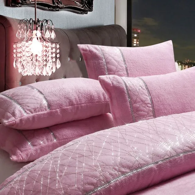 Pink Soft Touch Sparkle Sequin Embellished Teddy Bear Fleece Duvet Set