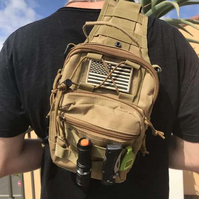 Tactical Military Sling Backpack Shoulder Bag Molle Outdoor Daypack Backpack with Adjustable Strap Khaki