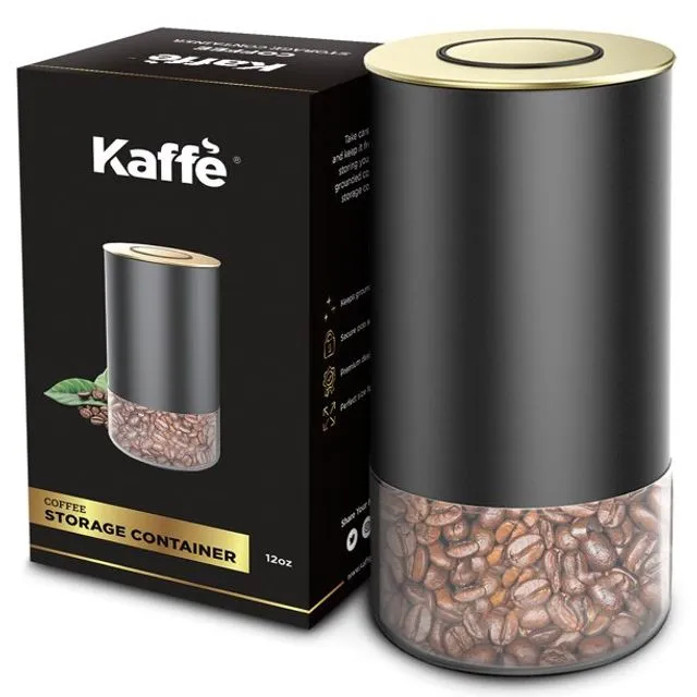 KF3031G Airtight Coffee Canister with Lid by Kaffe Storage Container - Round - Black/Gold - 12oz