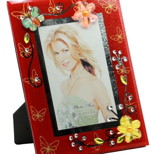 Beautiful Red Glass 4" x 6" Photo Picture Frame with Flowers and Butterflies gift for him her anniversary gifts Display Tabletop Frames