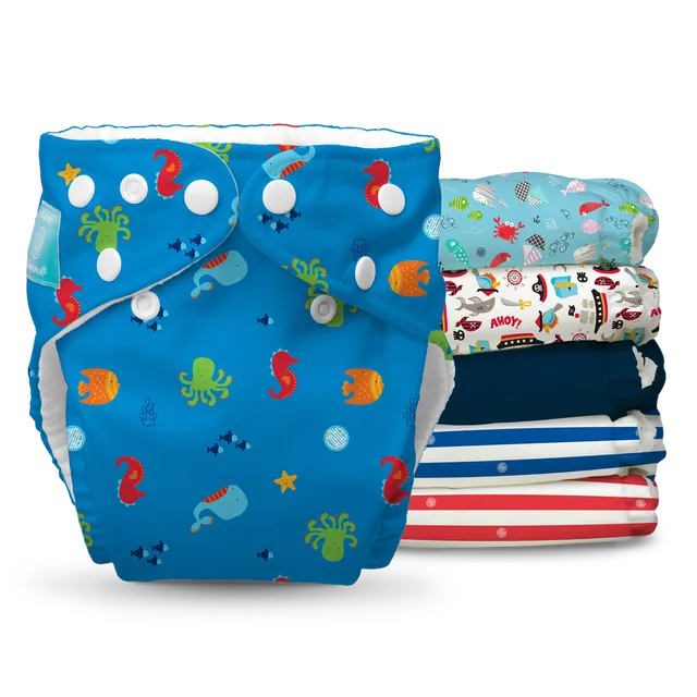 6 Diapers 12 Inserts Ocean Adventure One Size Hybrid AIO
