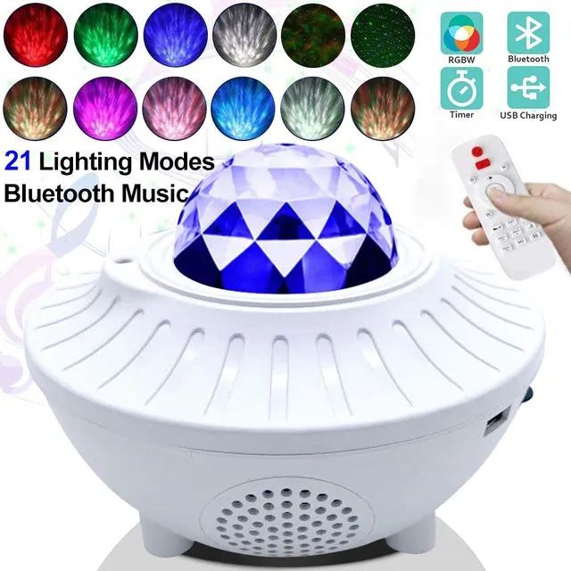 Usb Led Star Night Light Music Starry Water Wave Led Projector Light Bluetooth Projector Sound-Activated Projector Light Decor White