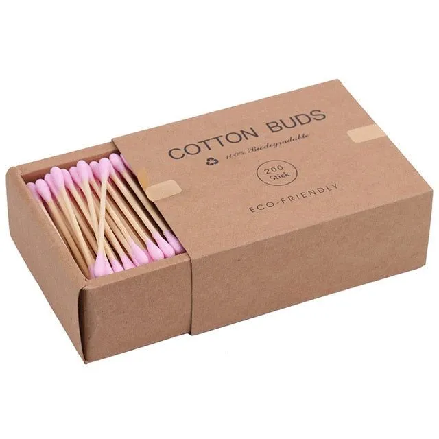 200PCS/Box Double Head Cotton Swab Bamboo Sticks Pink