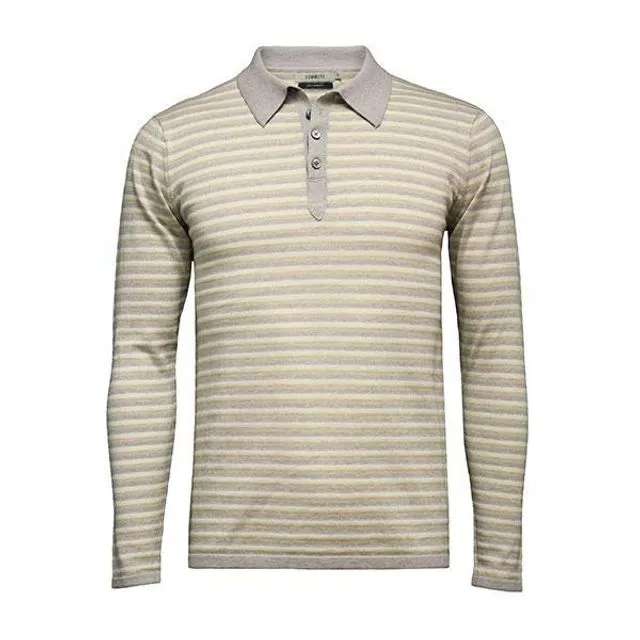 Blue Grey Striped Long Sleeve Polo Shirt Sand Foggy Cream