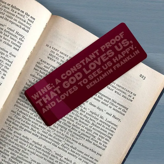 Bookmark Wine Lover, "Wine is constant proof that God loves us and likes to see us happy", Benjamin Franklin