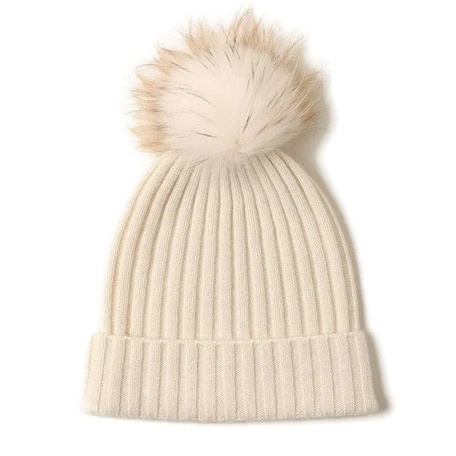 Cashmere Ribbed Beanie with Eco Pompom Mont Blanc Woolwhite