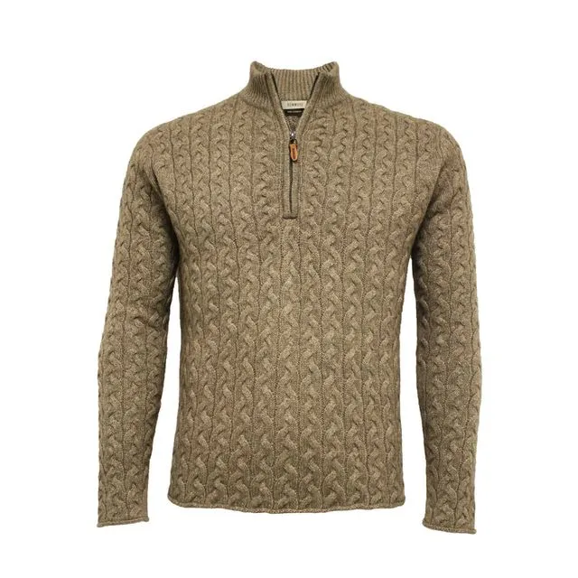 Camel Cashmere Half Zip Sweater in Full Cable Knit Neil
