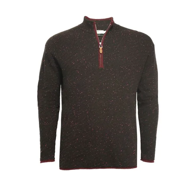 Donegal Black Red Cashmere Zip Neck Sweater Cabris in Carbon Stitch