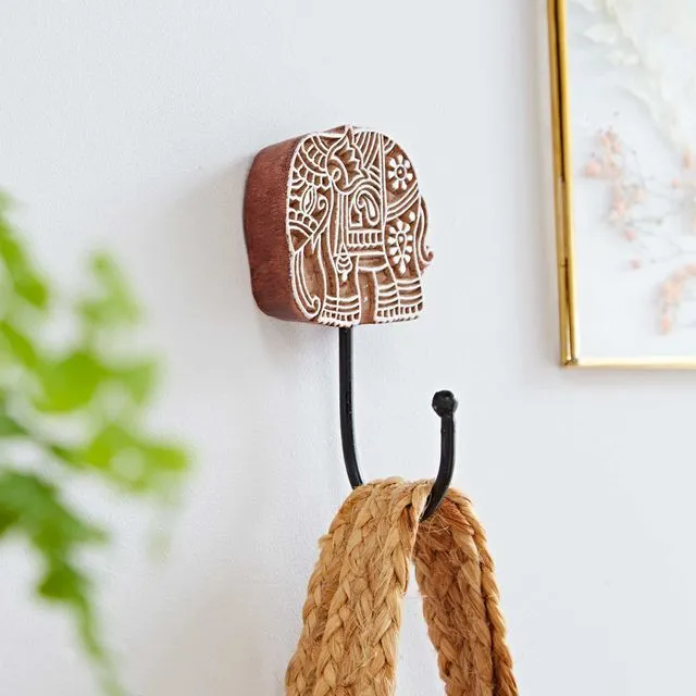 Carved Wooden Wall Hook - Elephant