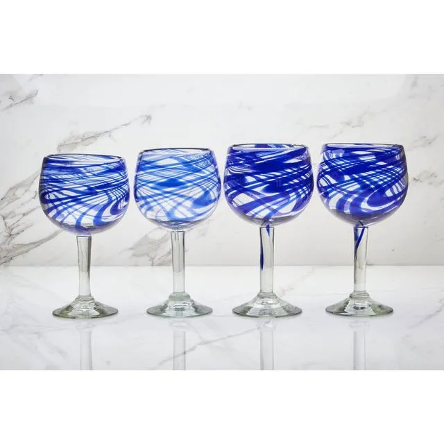 Hand-Blown Wine Glasses Blue Threaded (2 Pack)