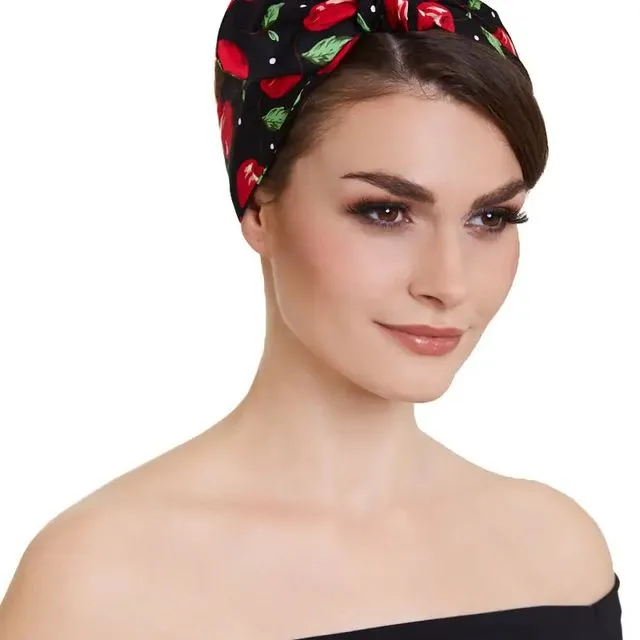 50's Inspired Vintage Headband in Black with Red Cherry